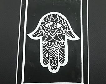 Handmade Hamsa Lino Print: Black and White Spiritual Wall Art