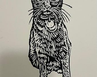 Handmade Cat Lino Print: Black & White Animal Wall Art