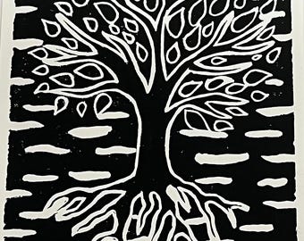 Handmade Tree of Life Lino Print: Jewish Wall Art