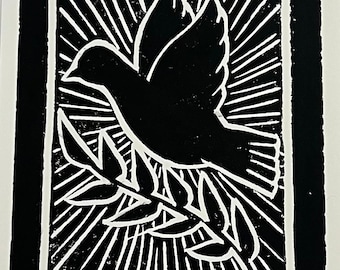 Handmade Dove Lino Print: Black and White Spiritual Wall Art