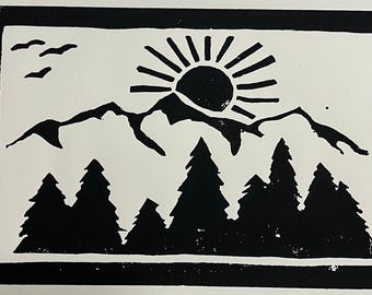 Handmade Mountain Scenery Lino Print: Black and White Nature Wall Art