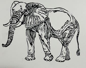 Handmade Elephant Lino Print: Black & White Jungle Wall Art