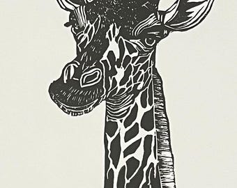 Handmade Giraffe Lino Print: Black & White Safari Wall Art