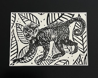 Handmade Monkey Lino Print: Black & White Jungle Wall Art