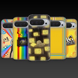 May include: A collection of phone cases featuring designs from the Persona 4 video game. The cases display vibrant graphics, including rainbow patterns, television screens, and character illustrations. The cases are designed to fit a specific phone model.