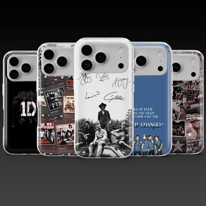 May include: Five phone cases with different designs. One case has the text "1D" and a group photo. Other cases display album art, signatures, and a blue case with the text "How fast the night changes?"