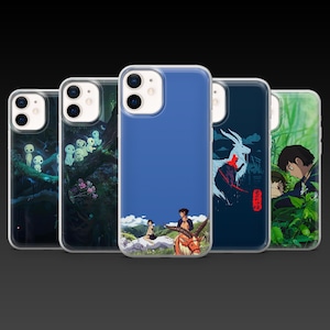 May include: A collection of five phone cases with various anime-inspired designs. The cases feature vibrant illustrations, including forest scenes with glowing creatures, a blue sky with characters, and a white deer-like creature with red accents. Each case has a clear border.
