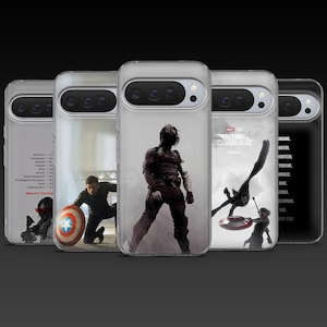 May include: A collection of clear phone cases featuring various characters and scenes from a superhero movie. The cases display images of action poses, shields, and text, with a dark background.