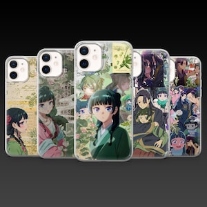 May include: A collection of five phone cases featuring anime-style illustrations. Each case showcases a different design with a variety of characters, floral elements, and color palettes, including green, pink, and beige. The cases are designed to fit a smartphone.