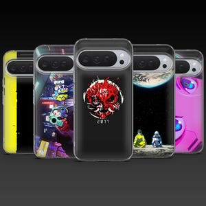 May include: A selection of phone cases with different designs. One case has a red and white graphic with the text "2077". Other cases show futuristic scenes with characters and a planet. The cases have a clear border.
