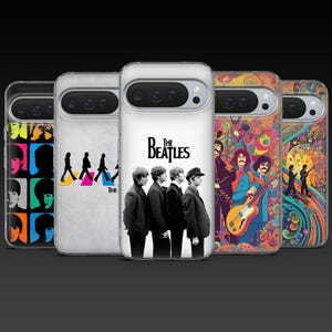 May include: A collection of phone cases featuring designs inspired by The Beatles. The cases display images of the band members, album art, and the iconic "Abbey Road" silhouette. The cases have a glossy finish and are in various colors.