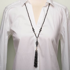 Stylish Tasseled Long Black Flapper Necklace Art Deco Style Handmade