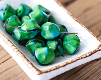 Vintage Nuggets Beads Kelly Green Black and Blue Geometric Nuggets Glass Beads 14mm
