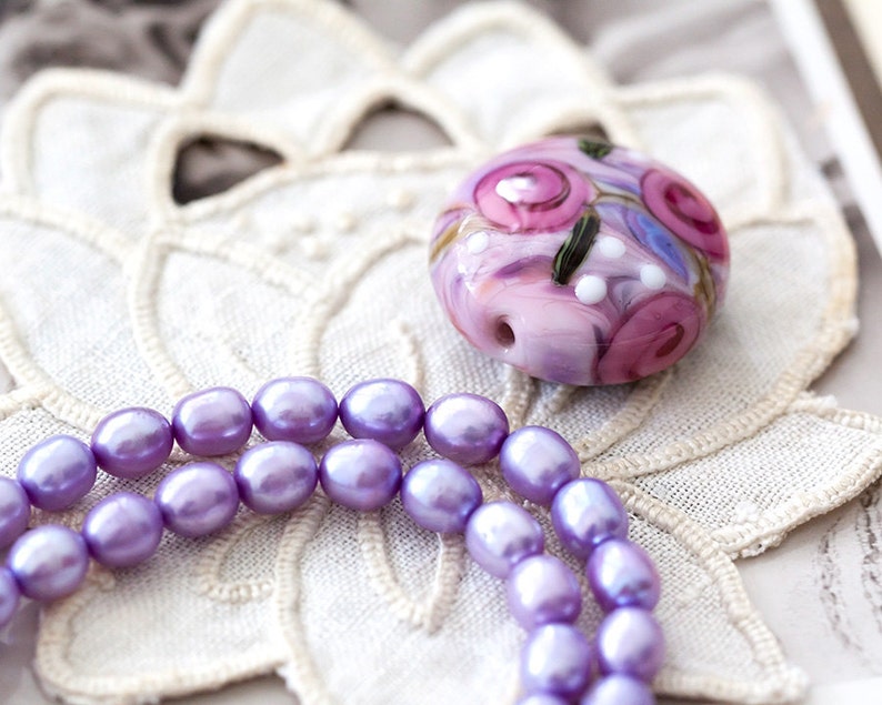 SRA Floral Lampwork Artisan Pink Rose Pendant Focal Glass Bead and Freshwater Pearls DIY OOAK Pendant Necklace Jewelry Kit