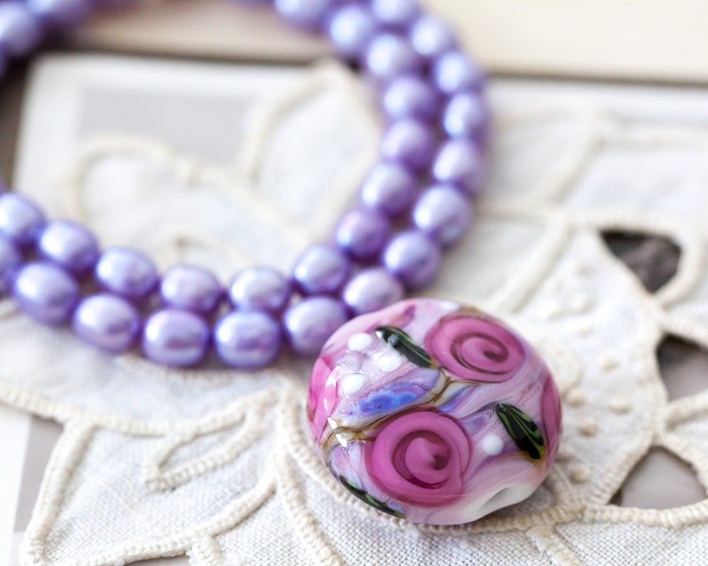 SRA Floral Lampwork Artisan Pink Rose Pendant Focal Glass Bead and Freshwater Pearls DIY OOAK Pendant Necklace Jewelry Kit