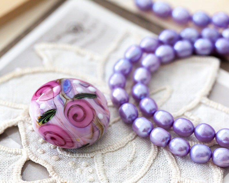 SRA Floral Lampwork Artisan Pink Rose Pendant Focal Glass Bead and Freshwater Pearls DIY OOAK Pendant Necklace Jewelry Kit