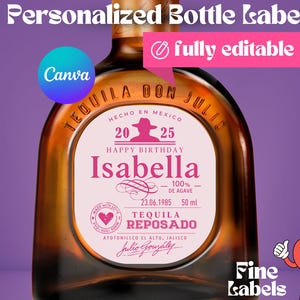 Don Julio Custom Label 750ml Canva Template, Pink Tequila Bottle Label, Editable Girl Birthday, Wedding, Anniversary Favor, Fully Editable
