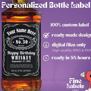 Etichetta per whisky stampabile, etichetta nera vintage personalizzata, etichetta per bottiglia personalizzata, compleanno, anniversario, matrimonio, laurea, sposo
