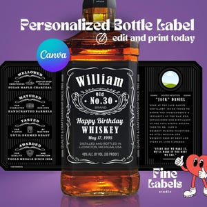 Etichetta per whisky stampabile su Canva, modello personalizzato vintage nero, etichetta per bottiglia personalizzata, compleanno, anniversario, matrimonio, laurea