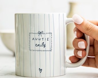 Custom Name Auntie Mug, Baby Announcement Striped Coffee Cup for Aunt, Tia Birthday Gift, Personalized New Aunt To Be Gift, Pregnancy Reveal