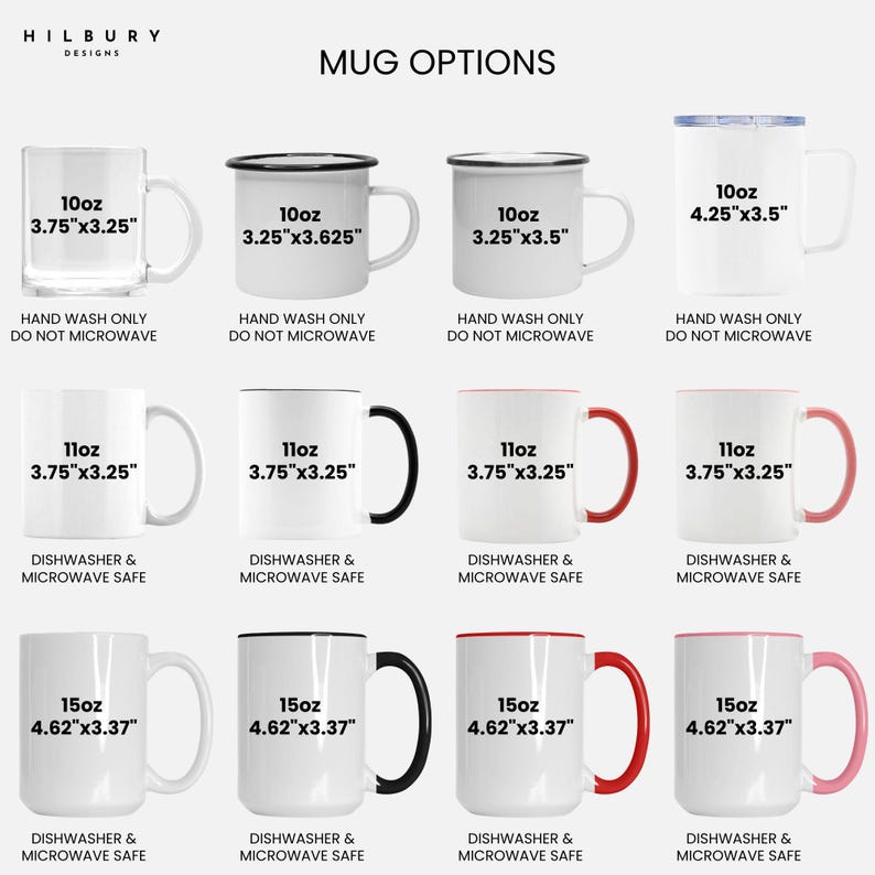 May include: A selection of mugs in various sizes and styles. Options include clear glass, enamel-style, and ceramic mugs with black, red, and pink accents. Sizes range from 10oz to 15oz, with dimensions like 3.75" x 3.25" and 4.62" x 3.37". Some are dishwasher and microwave safe.