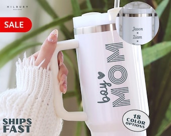 Boy Mom Tumbler, Personalized 40oz Tumbler with Handle, Boy Mom Custom Cup with Kids Names, Boys Mom Travel Mug, Christmas Gift for Mom