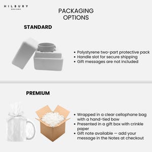 May include: Image showcasing packaging options for a mug. The "Standard" option features a mug nestled in a two-part polystyrene protective pack. The "Premium" option includes a mug wrapped in cellophane with a hand-tied bow, presented in a gift box.