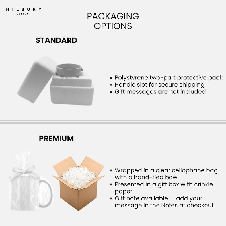 May include: Image showcasing packaging options for a mug. The "Standard" option features a mug nestled in a two-part polystyrene protective pack. The "Premium" option includes a mug wrapped in cellophane with a hand-tied bow, presented in a gift box.