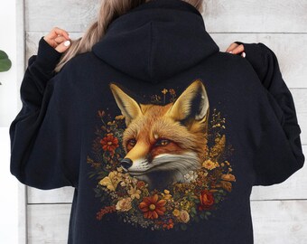 Cozy Fall Fox Hoodie, Cottagecore Floral Fox Sweatshirt, Vintage Woodland Animal Hoodie, Nature Inspired Autumn Clothes, Fox Lovers Gift