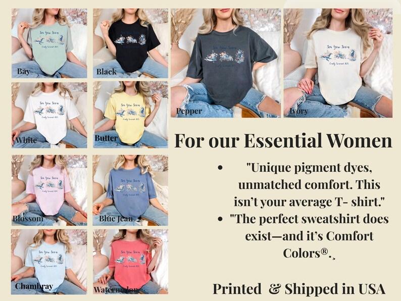 May include: A collection of ten short-sleeve t-shirts in various colors including bay, black, pepper, ivory, white, butter, blossom, blue jean, chambray, and watermelon, each featuring a graphic print with the text See you later.