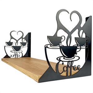 May include: A black metal coffee-themed shelf with a wooden shelf. The metal design features coffee cups, steam shaped as hearts, and the word "Coffee". The shelf is designed to be mounted on a wall.