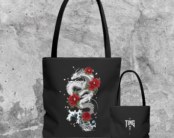Sac fourre-tout style dragon japonais, motif floral rouge, style streetwear