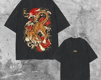 T-shirt à motif tigre japonais, style streetwear floral (unisexe)