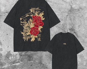 T-shirt japonais Lion Pivoine, dessin au trait doré, style streetwear vintage