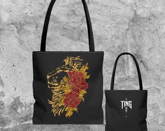Sac cabas japonais Lion Pivoine, motif lignes dorées, style streetwear vintage (noir, or, rouge)