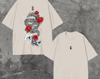 Camiseta con diseño de dragón japonés – Camiseta gráfica estilo tatuaje, unisex, de algodón, estilo streetwear.