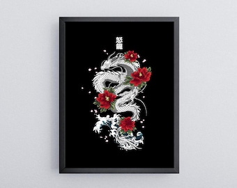 Affiche murale style tatouage de dragon, téléchargement numérique