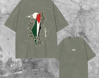 T-shirt streetwear carte de Palestine, style tatouage vintage, branches d'olivier (coton unisexe)