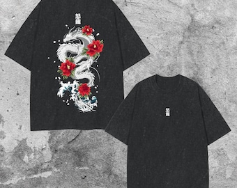 Camiseta con diseño de dragón japonés – Camiseta con estampado estilo tatuaje, lavado vintage, unisex.