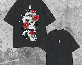 T-shirt dragon japonais - T-shirt graphique style tatouage, chemise unisexe délavée vintage