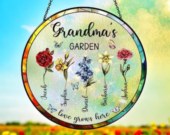 Personalized Grandma's Garden Gift For Grandma, Grandma Gift, Mother's Day Gift For Grandma, Nana Birth Month Flower Stain Glass Suncatcher