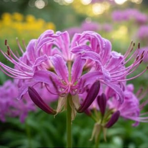 May include: Close-up of a vibrant pink spider lily flower with long, slender petals radiating from the center. The flower has a delicate, intricate structure, with a green stem and a blurred background of other flowers and foliage.