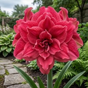 May include: A close-up of a vibrant red Amaryllis flower in full bloom. The flower has multiple layers of petals, creating a full, textured appearance. Green leaves and a green stem support the flower. The background shows a garden setting with stone pathways and greenery.