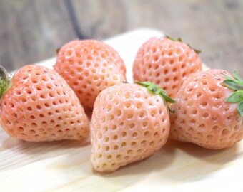 May include: Five pale pink strawberries with green leafy tops are arranged on a light wooden surface. The strawberries have a unique color and texture, with small dimples covering their surface. The background is blurred, suggesting a focus on the fruit.