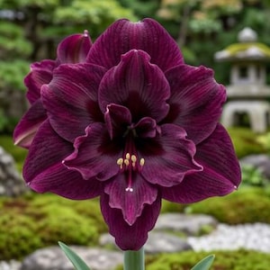 May include: A close-up of a deep burgundy Amaryllis flower in full bloom. The flower has multiple layers of petals with a velvety texture and a dark center. The flower is set against a blurred background of green foliage and a Japanese garden.