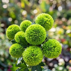 May include: A cluster of vibrant green chrysanthemum flowers with a pompom shape. The flowers are in full bloom, showcasing their dense, layered petals. The image is a close-up, highlighting the texture and color of the blooms, with green leaves in the background.