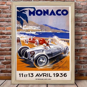 Vintage Monaco Grand Prix Poster 1936 / Retro Racing Car Wall Art / Digital Download / Classic Motorsport Print / French Auto Race Decor