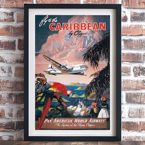 Download digital de pôster de viagem vintage da Pan Am – Voe para o Caribe da Clipper – Arte de parede retrô de companhias aéreas – Decoração de aviação para impressão dos anos 1950