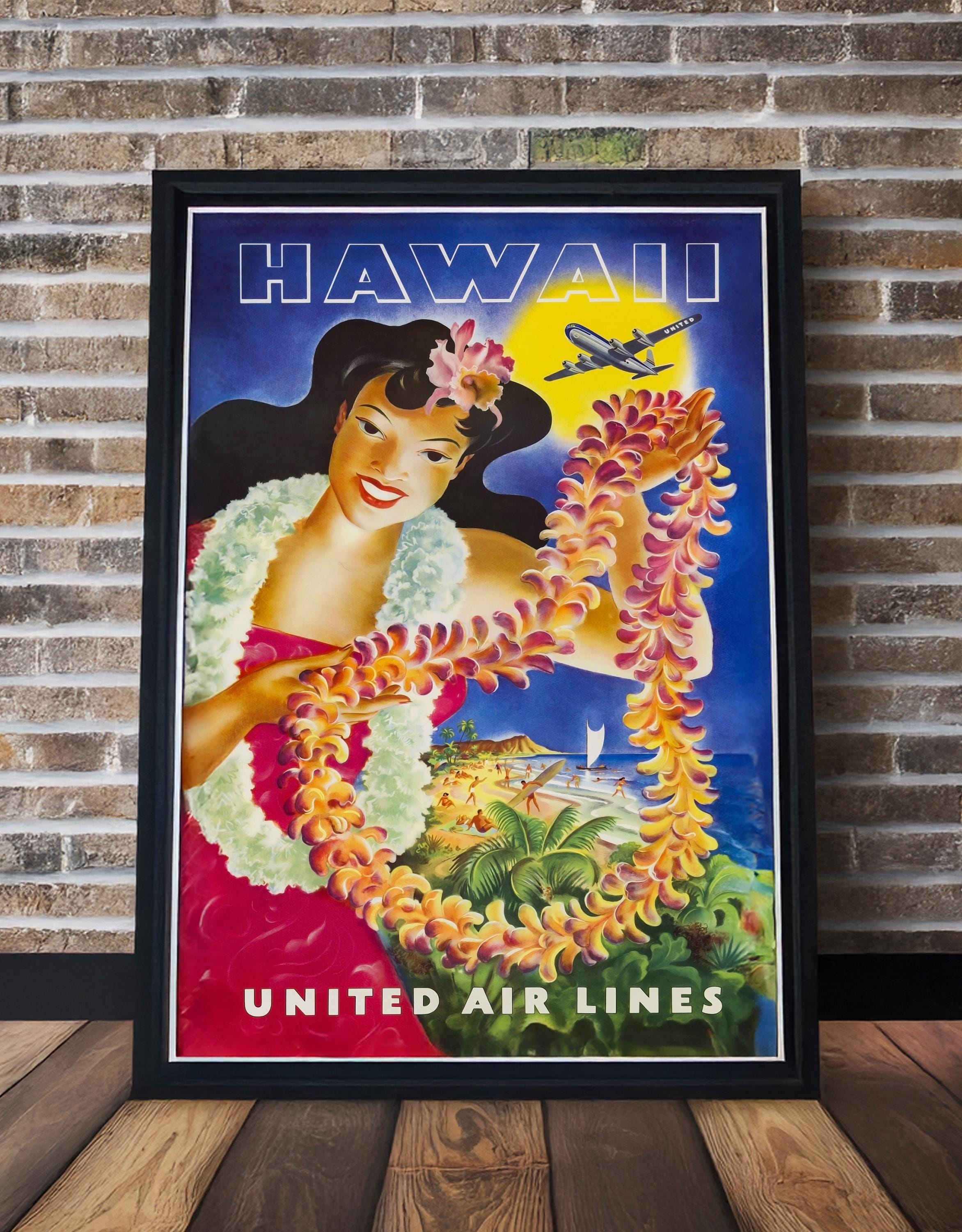 ヴィンテージハワイ旅行ポスター｜フラガール、ユナイテッド航空 