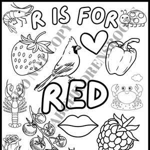 Op de afbeelding: Een zwart-witte kleurplaat met de letter R en het woord "ROOD" in grote letters. De pagina toont verschillende rode objecten, waaronder een kardinaal, een aardbei, een hart, een paprika, een kreeft, een roos, een framboos, een tomaatplant, een paar lippen en een fles ketchup. De tekst "Roy G. Biv" staat onderaan de pagina.